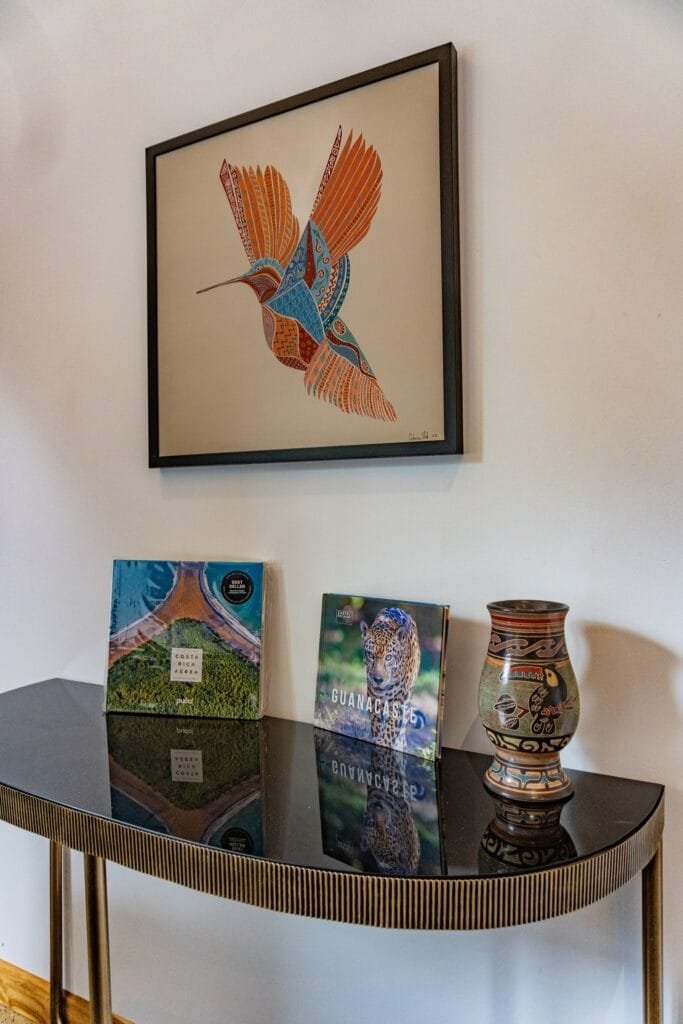 Arte de colibrí sobre una consola con libros de naturaleza de Costa Rica, apartamento Colibrí