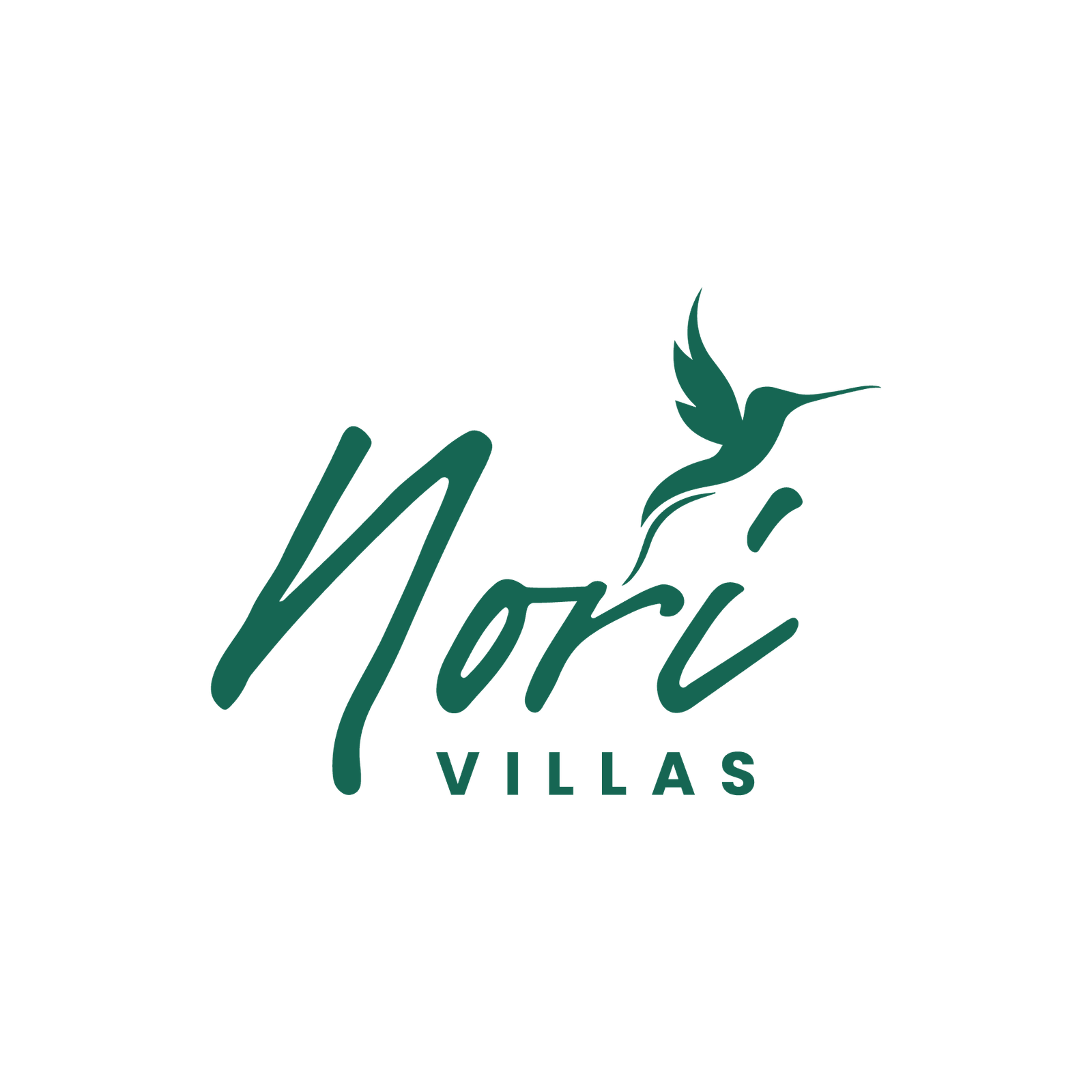 Nori Villas hummingbird wordmark logo in forest green on transparent background