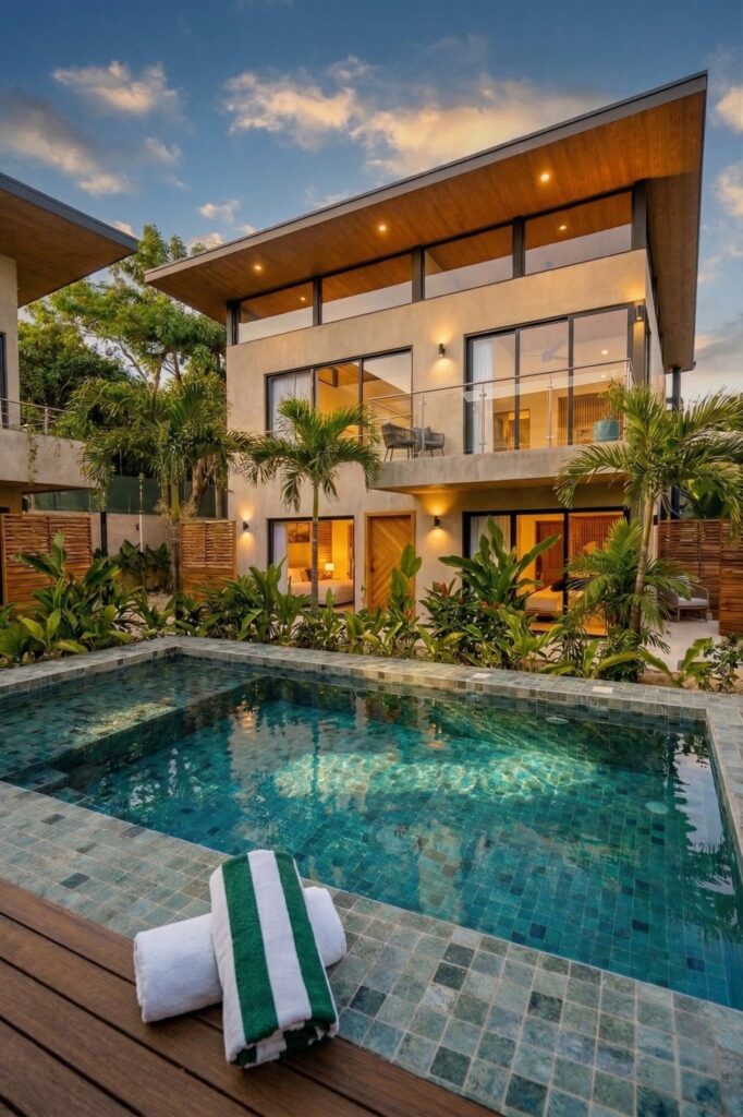 Nori Villas building two at twilight with illuminated interior and pool in foreground