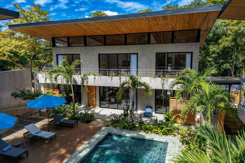 Aerial view of Nori Villas building one with butterfly roof